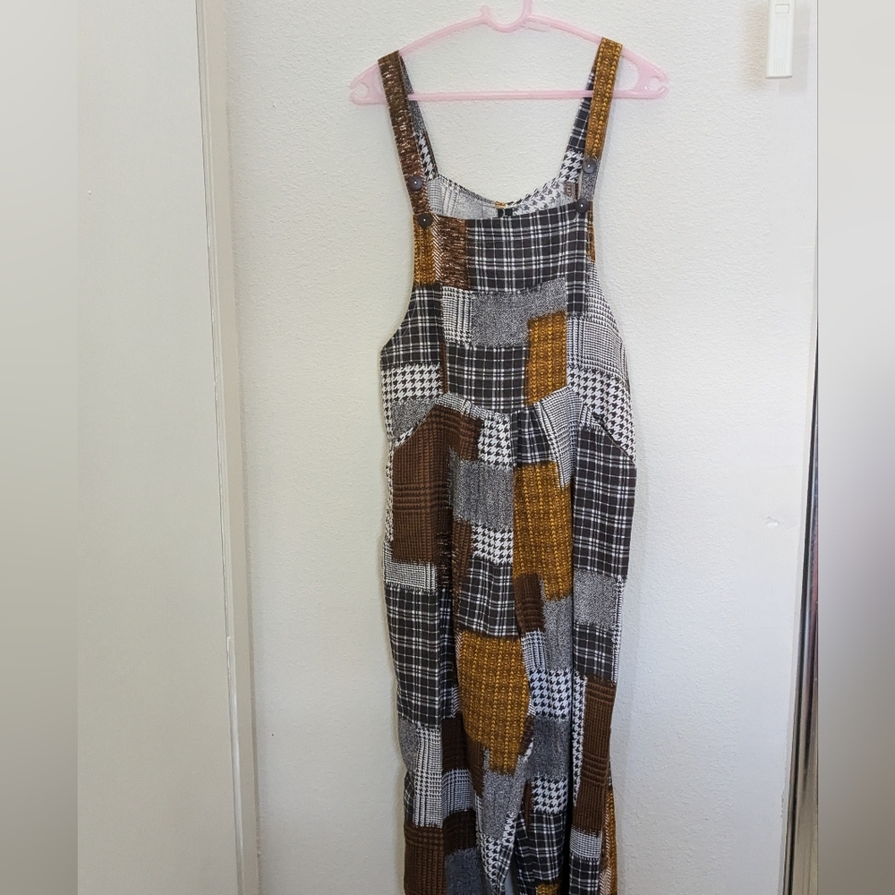 Autumn Fall Bohemian Patchwork Brown Overalls - S… - image 1